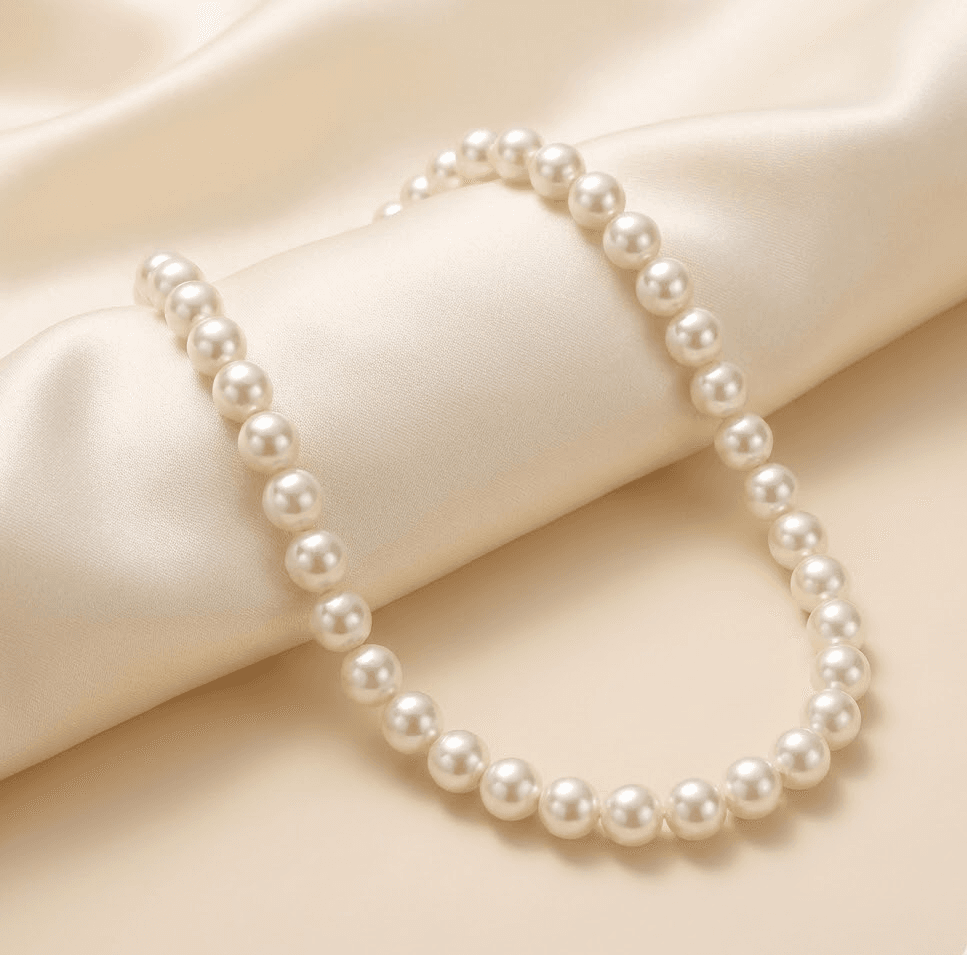 Klasikinis perlų vėrinys su medicininio aukso užsegimu.